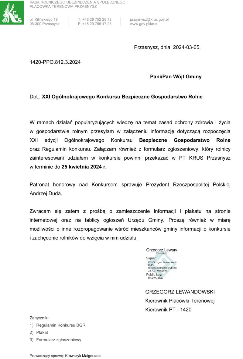 Pismo przewodnie w sprawie konkursu BGR