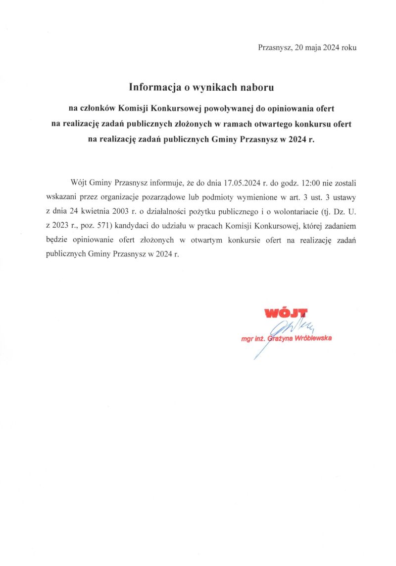 Informacja o wynikach naboru komisja 2024