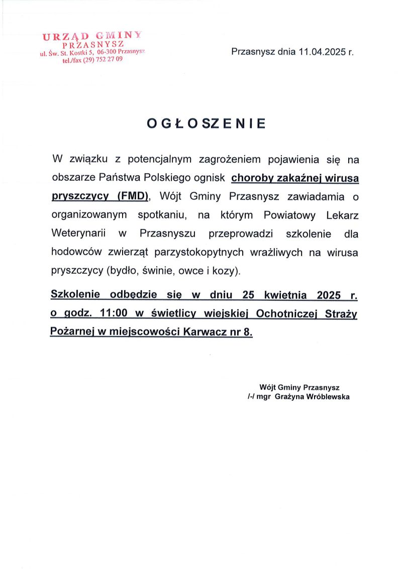 Ogłoszenie szkolenie pryszczyca